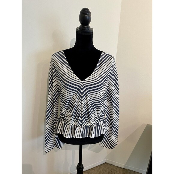 Express Blue Stripe V-Neck Ruffle Open Back Flare Long Sleeve Blouse Size Medium - Picture 1 of 5